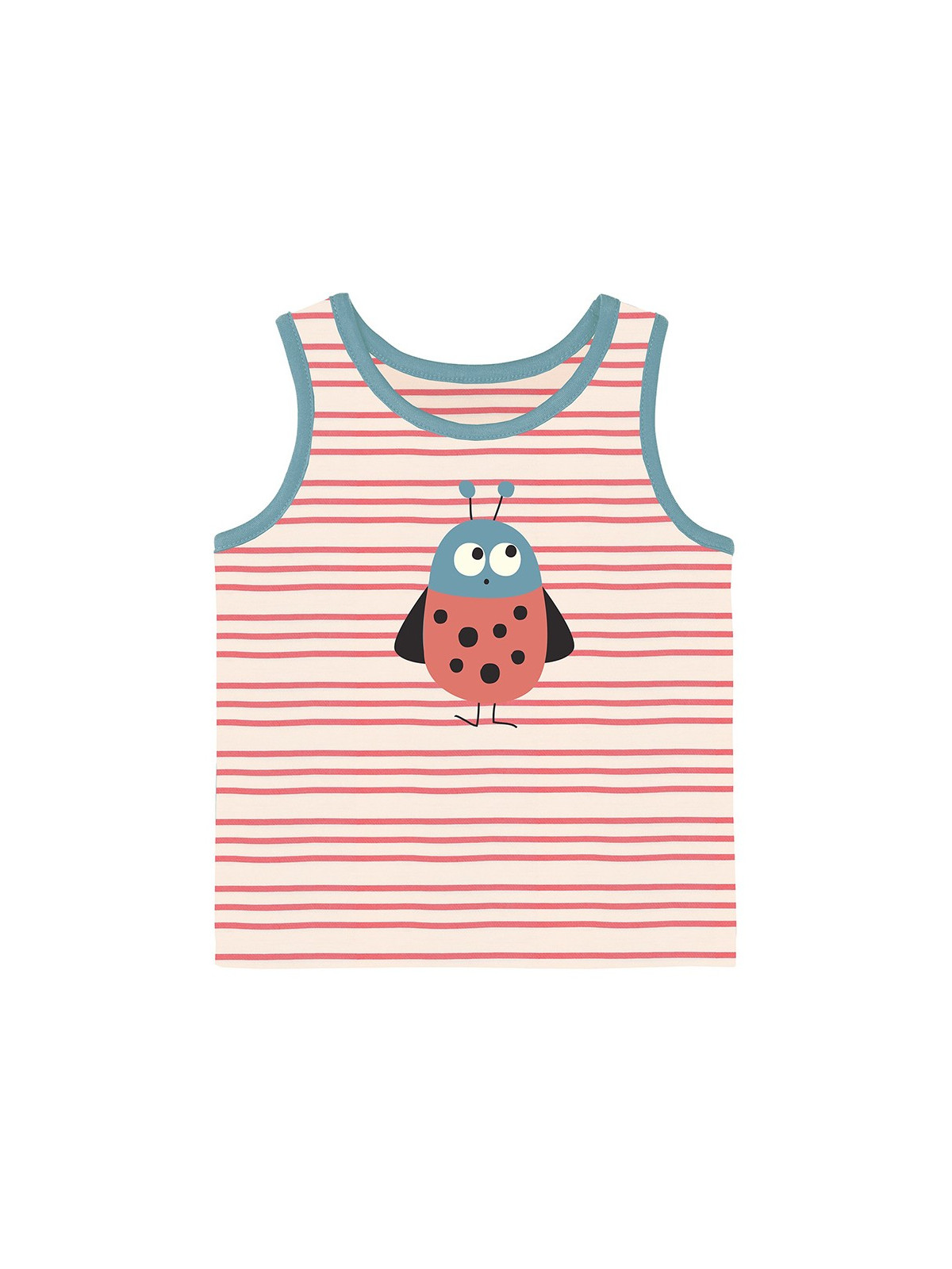 Body bébé rayé rouge avec motif coccinelle, bordures bleues