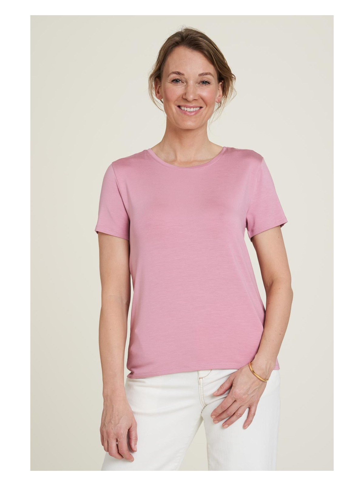 tee-shirt femme col rond manches courtes en tencel rose