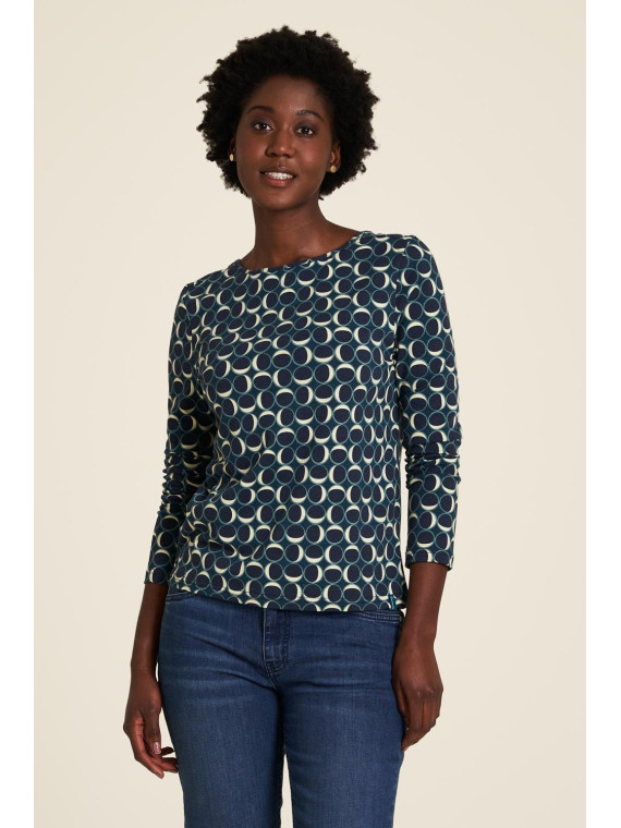 blouse coton bio Tranquillo imprimé cercles sur fond bleu, lanières croisées sur le haut du dos