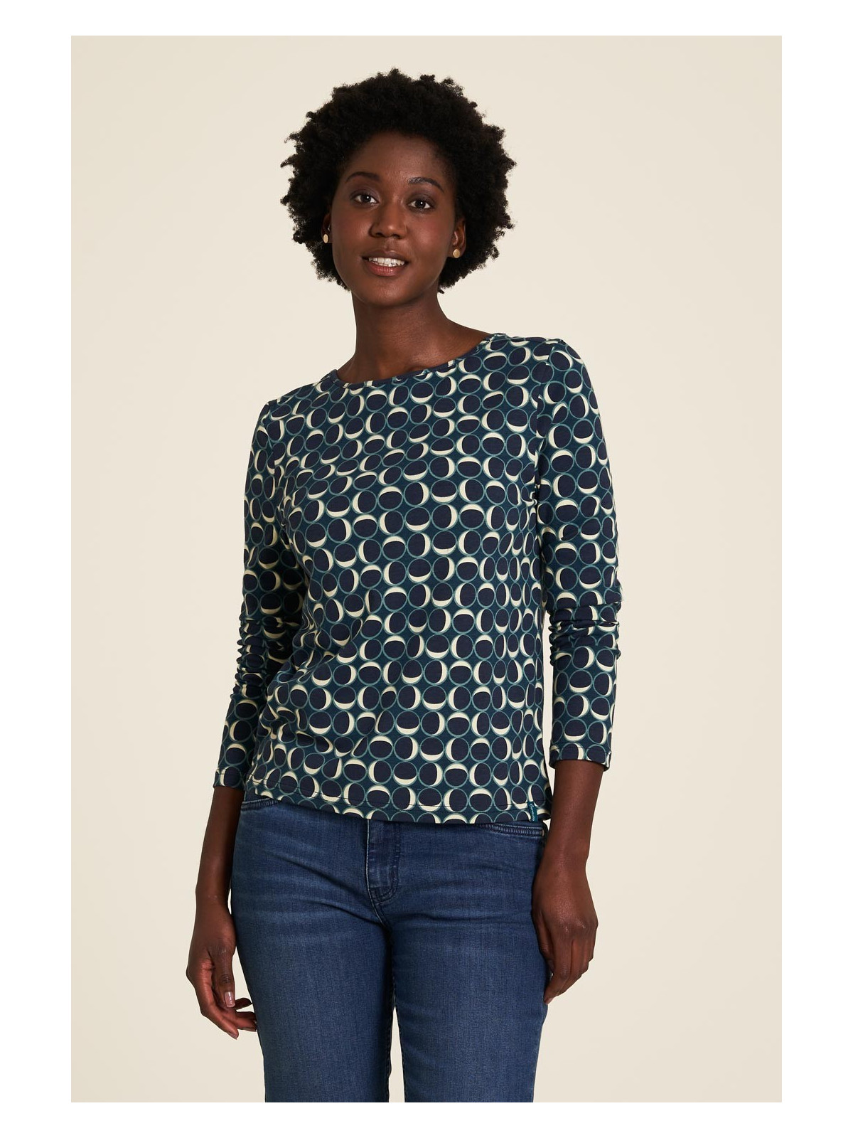 blouse coton bio Tranquillo imprimé cercles sur fond bleu, lanières croisées sur le haut du dos