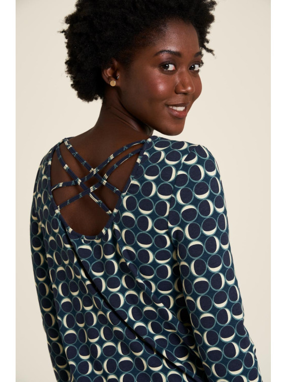 blouse coton bio Tranquillo imprimé cercles sur fond bleu, lanières croisées sur le haut du dos