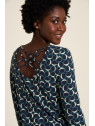 blouse coton bio Tranquillo imprimé cercles sur fond bleu, lanières croisées sur le haut du dos