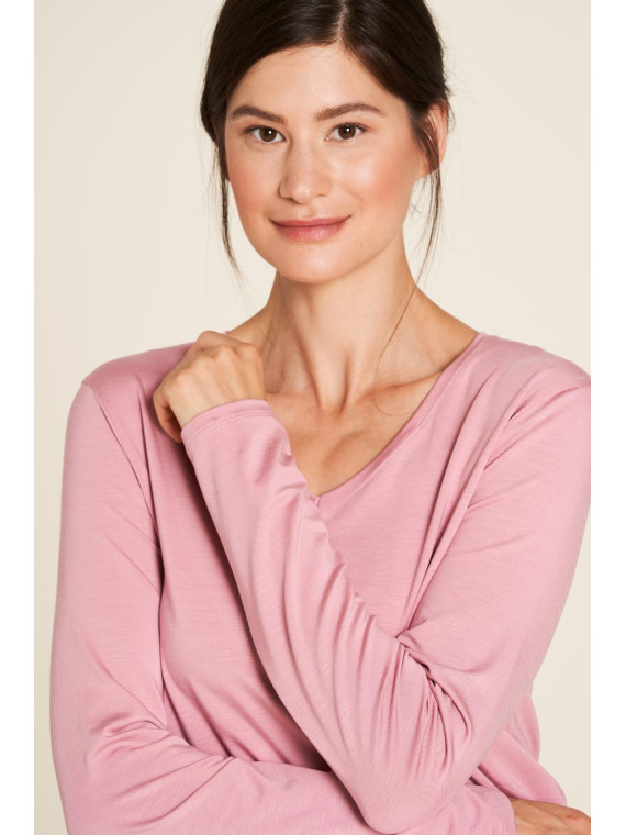 tee-shirt femme col V manches longues en tencel rose
