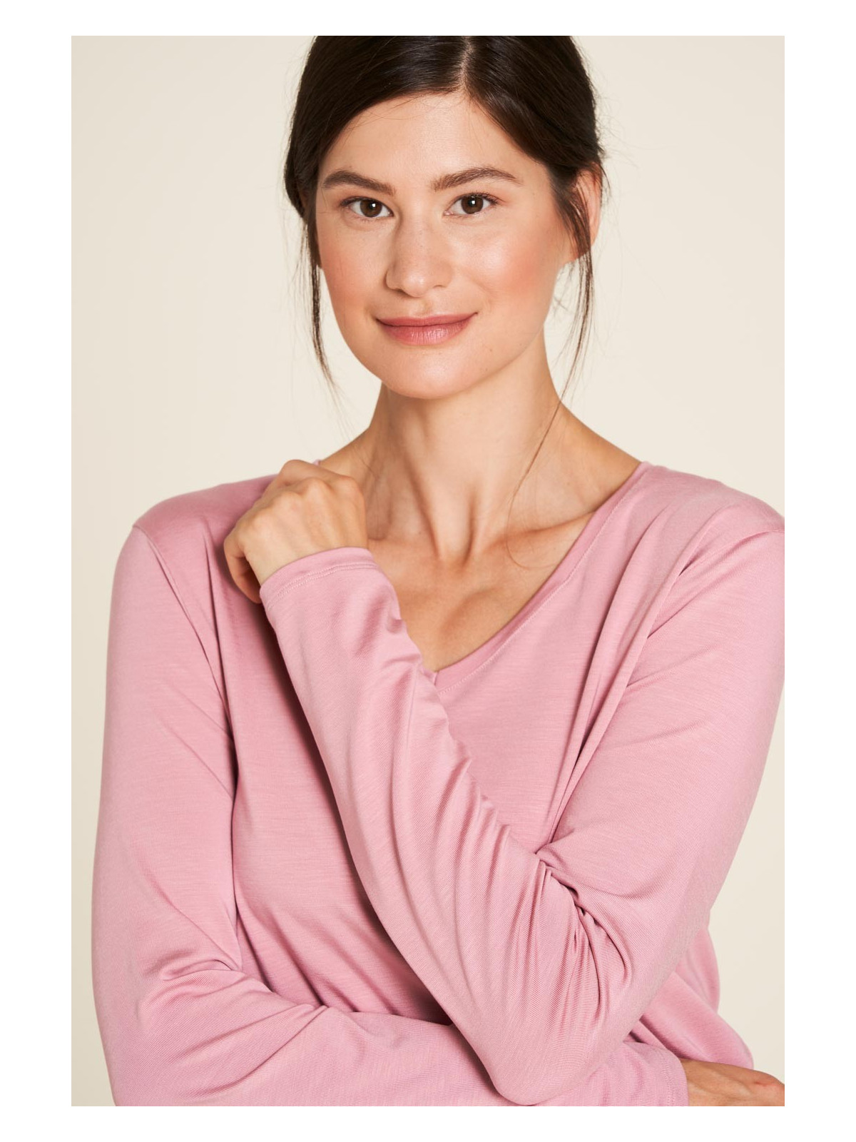 tee-shirt femme col V manches longues en tencel rose