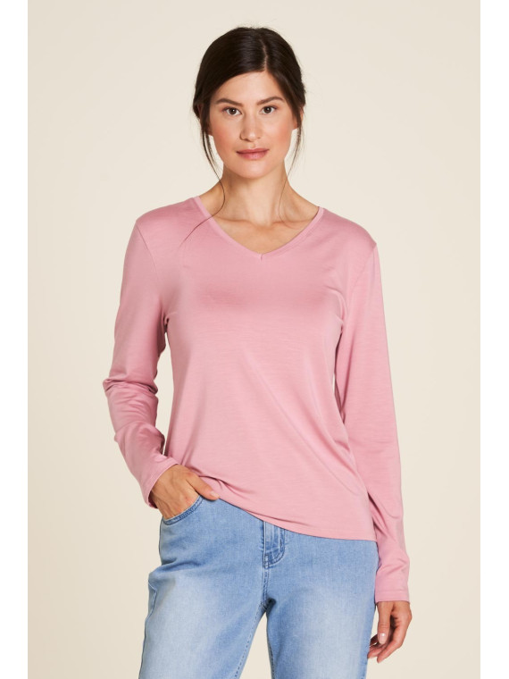 tee-shirt femme col V manches longues en tencel rose