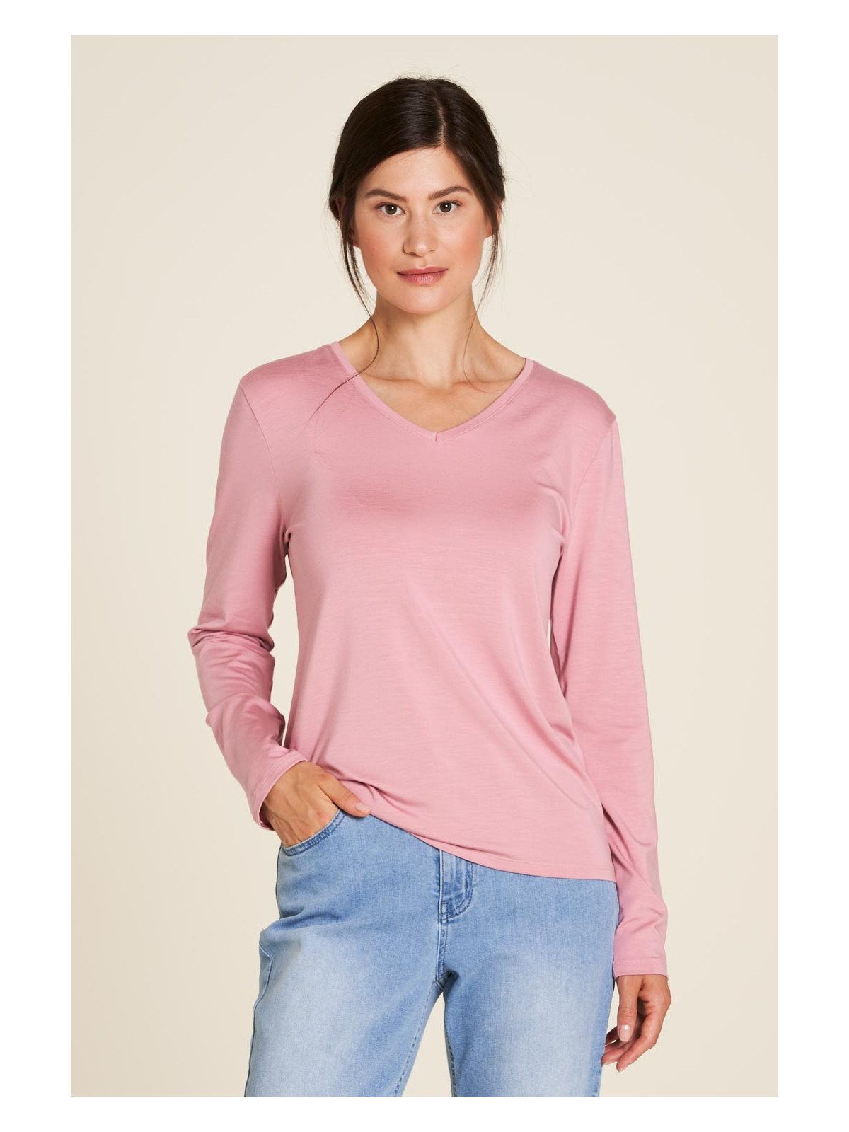 tee-shirt femme col V manches longues en tencel rose