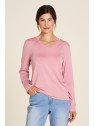 tee-shirt femme col V manches longues en tencel rose