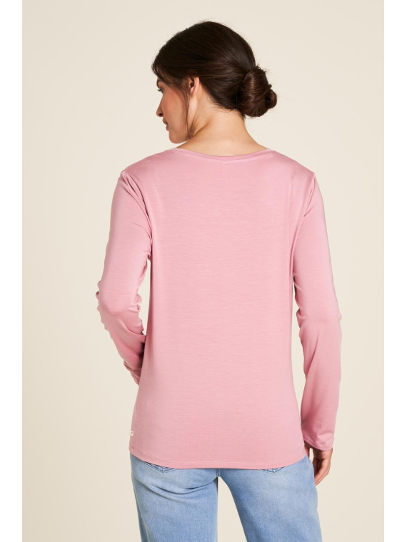 tee-shirt femme col V manches longues en tencel rose