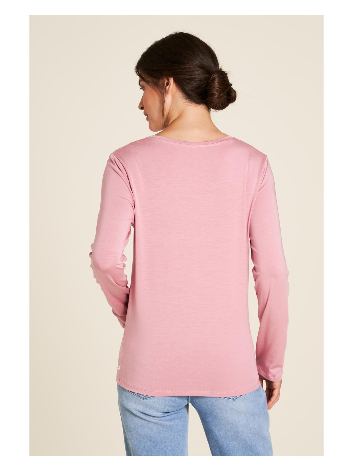 tee-shirt femme col V manches longues en tencel rose