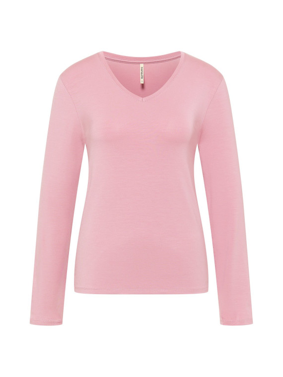 tee-shirt femme col V manches longues en tencel rose