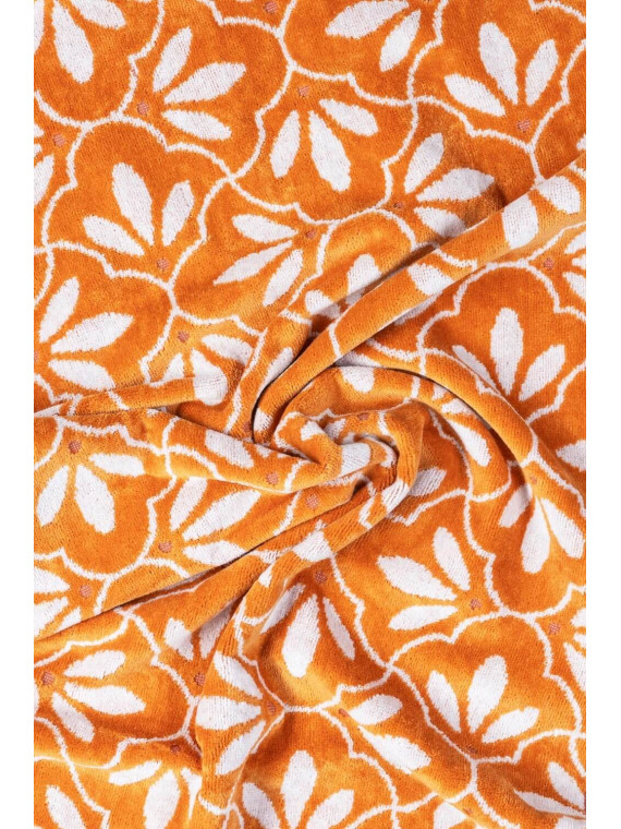 serviette de toilette fleurs écrues sur fond orange