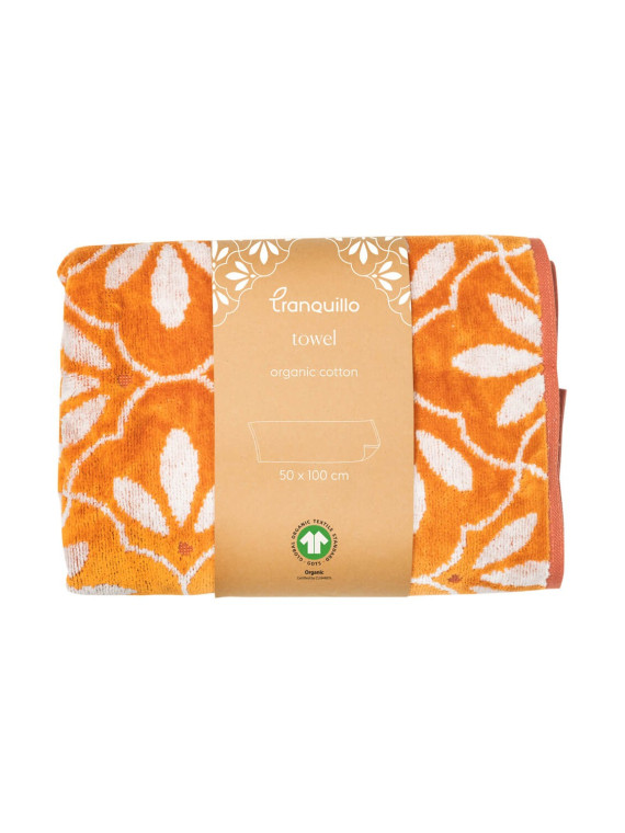 serviette de toilette fleurs écrues sur fond orange