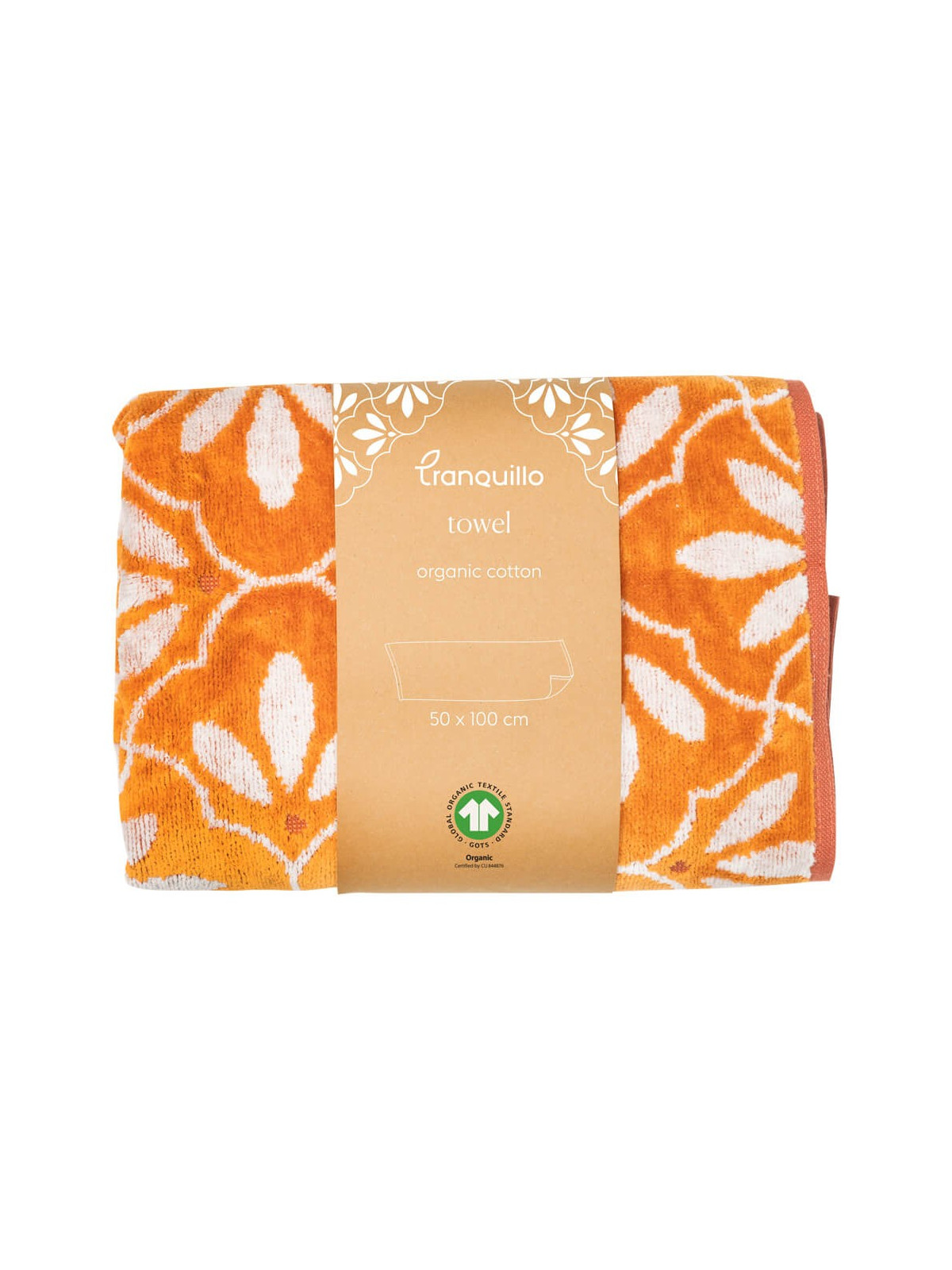 serviette de toilette fleurs écrues sur fond orange