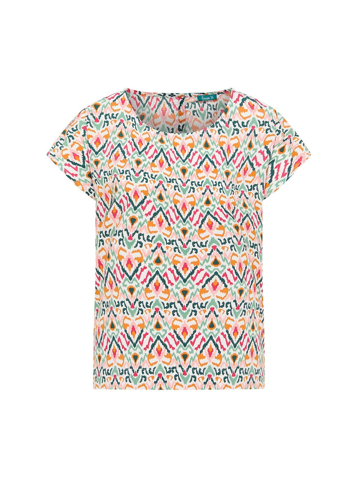 tee-shirt 100% écovéro, imprimé multicolore très gai, col rond, boutonné dans le dos