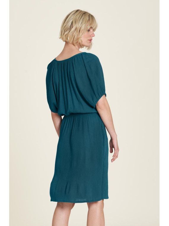 robe femme col v taille marquée tissu fluide et léger bleu bermudes