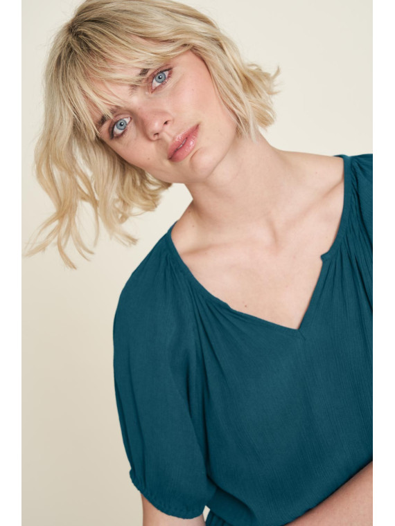 robe femme col v taille marquée tissu fluide et léger bleu bermudes