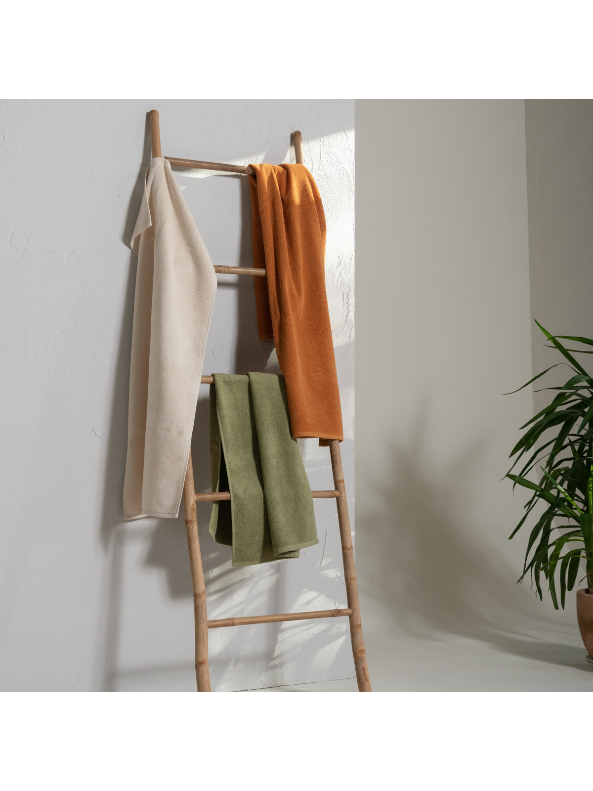 présentation drap de bain divers coloris sur échelle en bambou