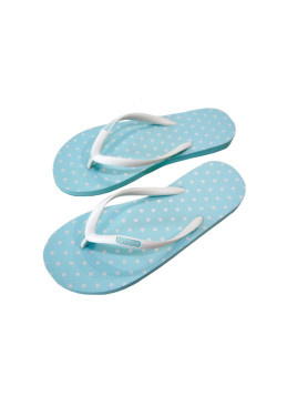 tongs femme bleu avec poix blancs et bride blanche