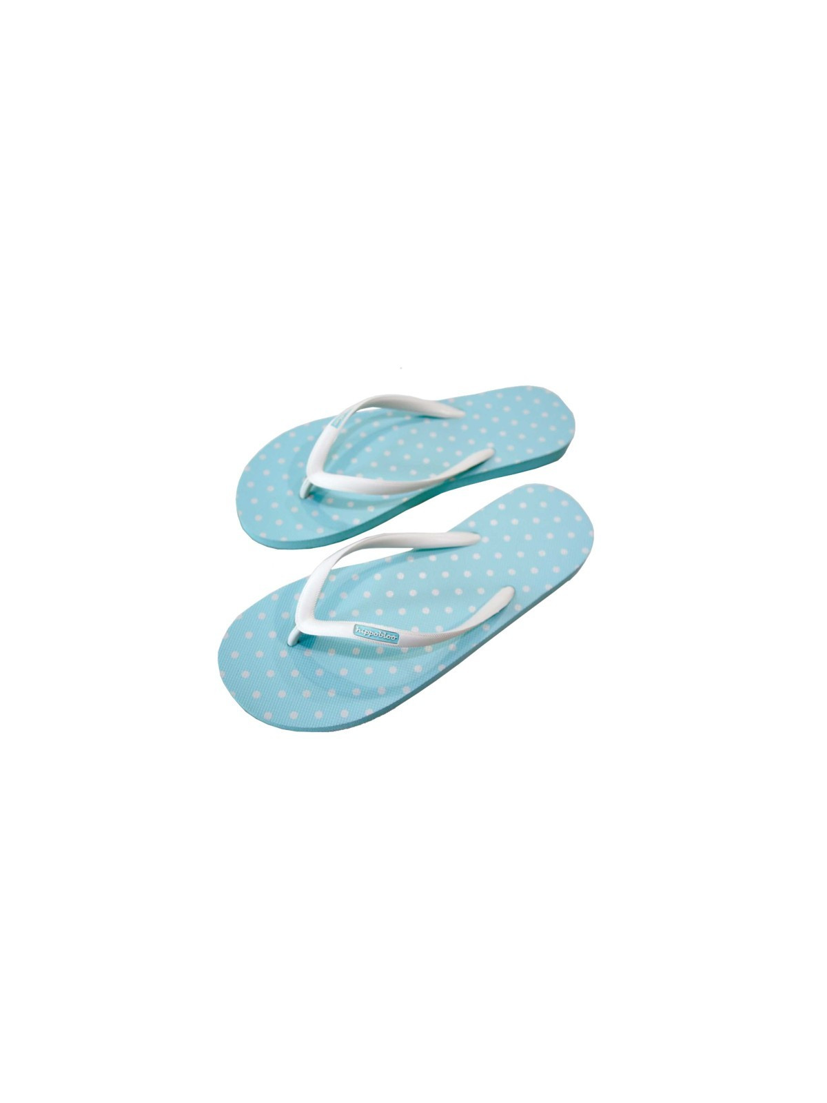 tongs femme bleu avec poix blancs et bride blanche