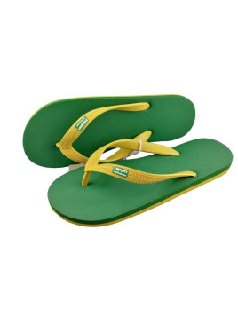 tongs en caoutchouc bride large jaune semelle jaune dessous verte dessus