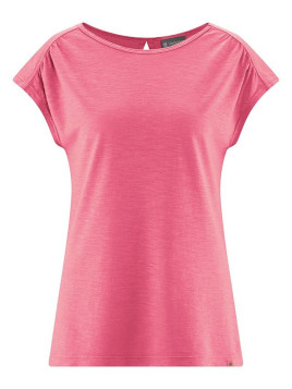 tee-shirt rose hibiscus sans manches avec col ovale très légèrement évasé ouverture en forme de goutte sur le haut du dos