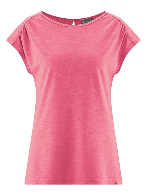 tee-shirt rose hibiscus sans manches avec col ovale très légèrement évasé ouverture en forme de goutte sur le haut du dos