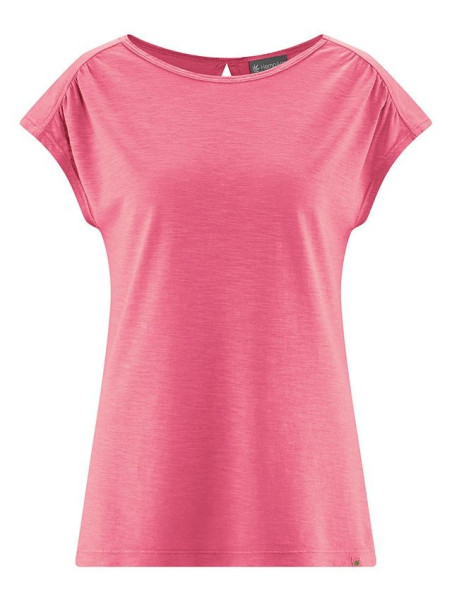 tee-shirt rose hibiscus sans manches avec col ovale très légèrement évasé ouverture en forme de goutte sur le haut du dos