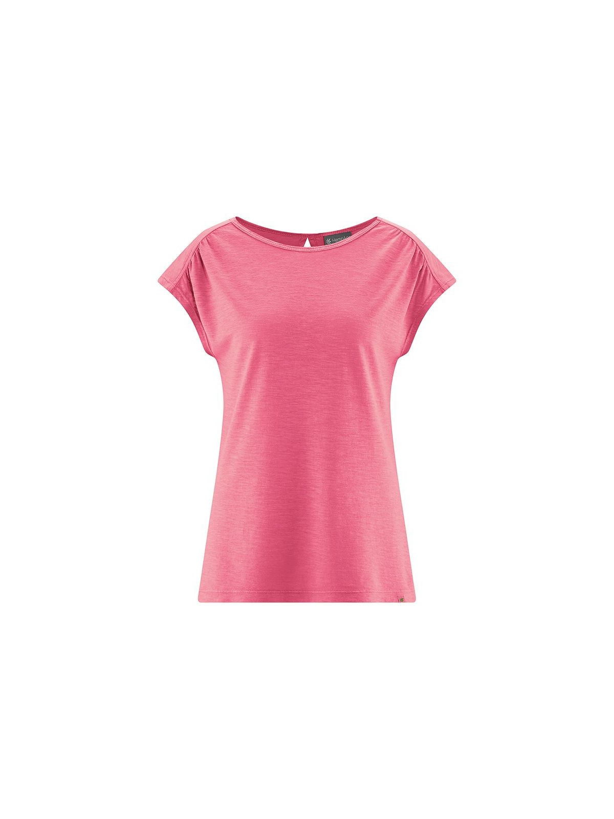 tee-shirt rose hibiscus sans manches avec col ovale très légèrement évasé ouverture en forme de goutte sur le haut du dos