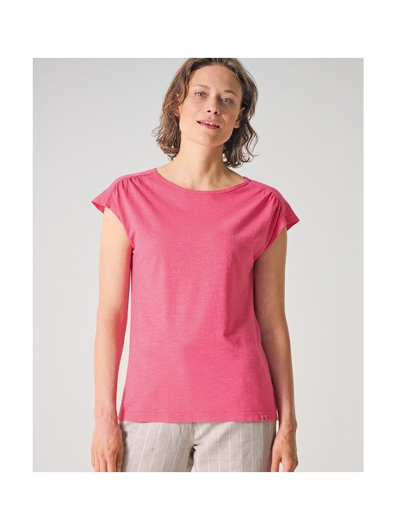 tee-shirt rose hibiscus sans manches avec col ovale très légèrement évasé ouverture en forme de goutte sur le haut du dos