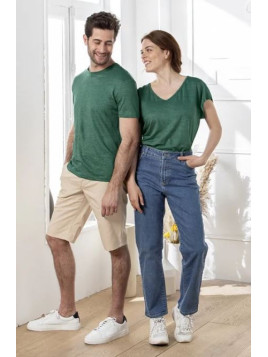 tee-shirt manches courtes col V vert forêt en lin