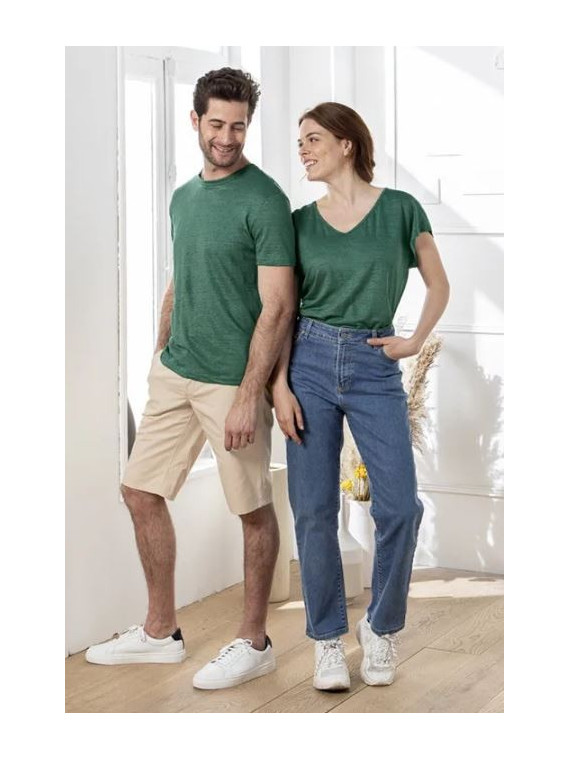 tee-shirt manches courtes col V vert forêt en lin