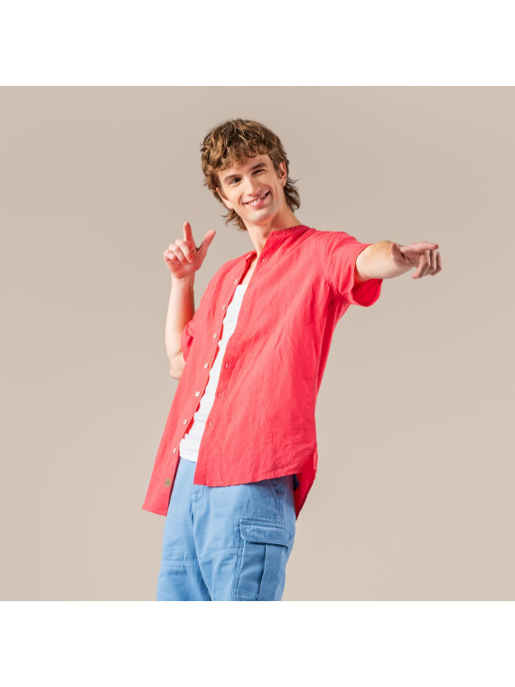 chemise manches courtes homme couleur laurier rose col mao sans poche