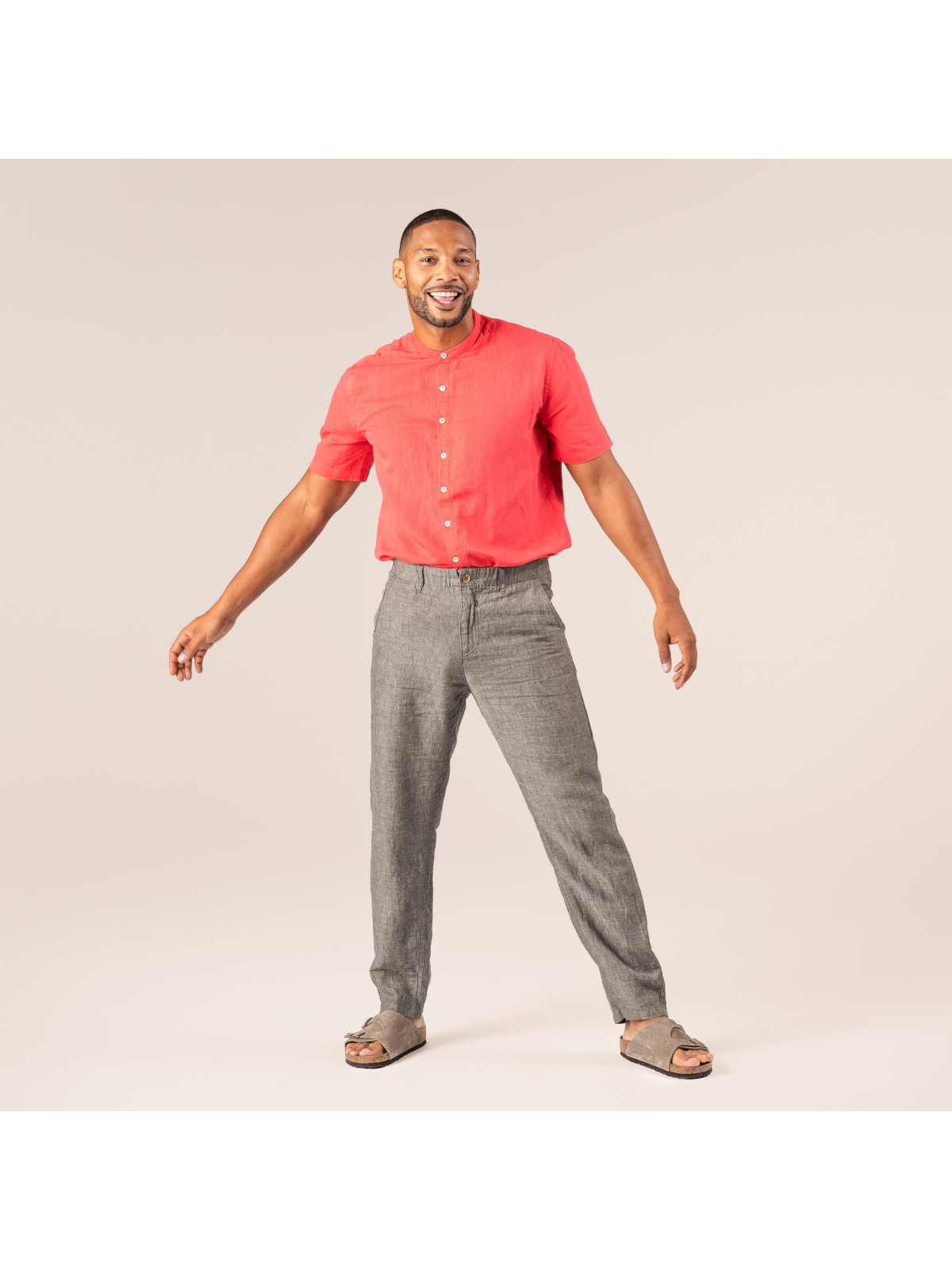 pantalon homme en lin kaki taille élastique avec fermeture