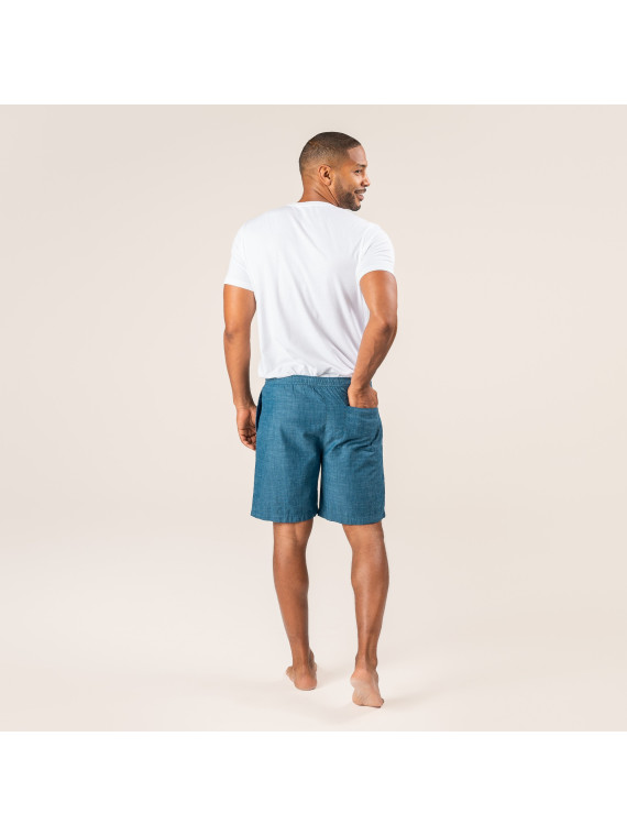 short bleu aspect jeans délavé taille élastique avec lien de serrage