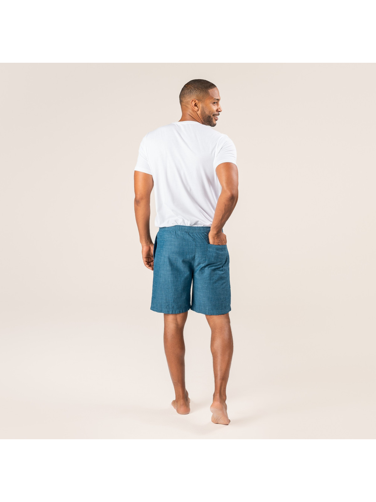 short bleu aspect jeans délavé taille élastique avec lien de serrage