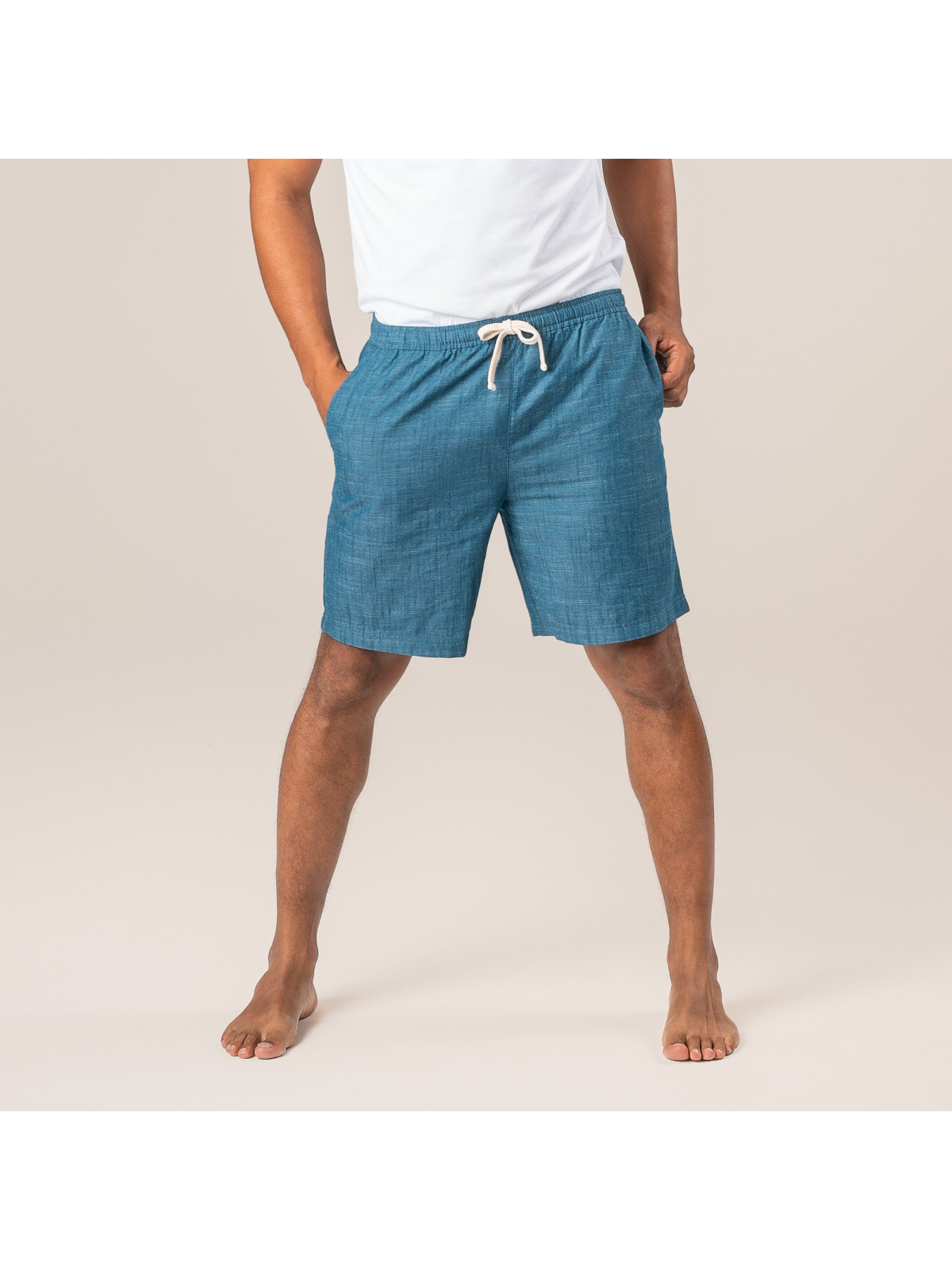 short bleu aspect jeans délavé taille élastique avec lien de serrage