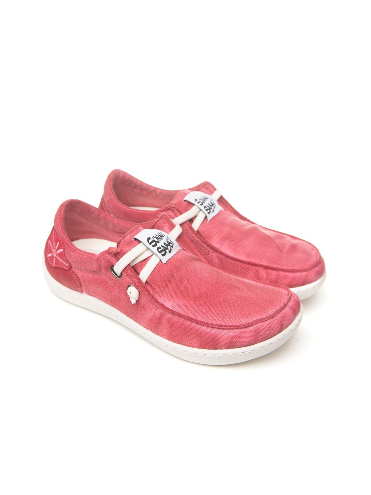 chaussures bateau coton couleur fraise semelles blanches