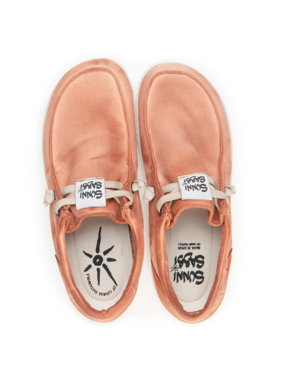 baskets bateau en toile couleur brique lacets écrus