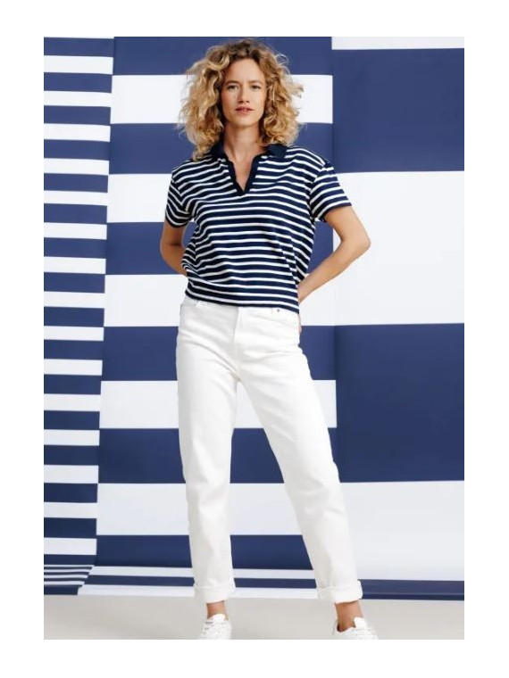 polo manches courtes femme rayé écru et marine