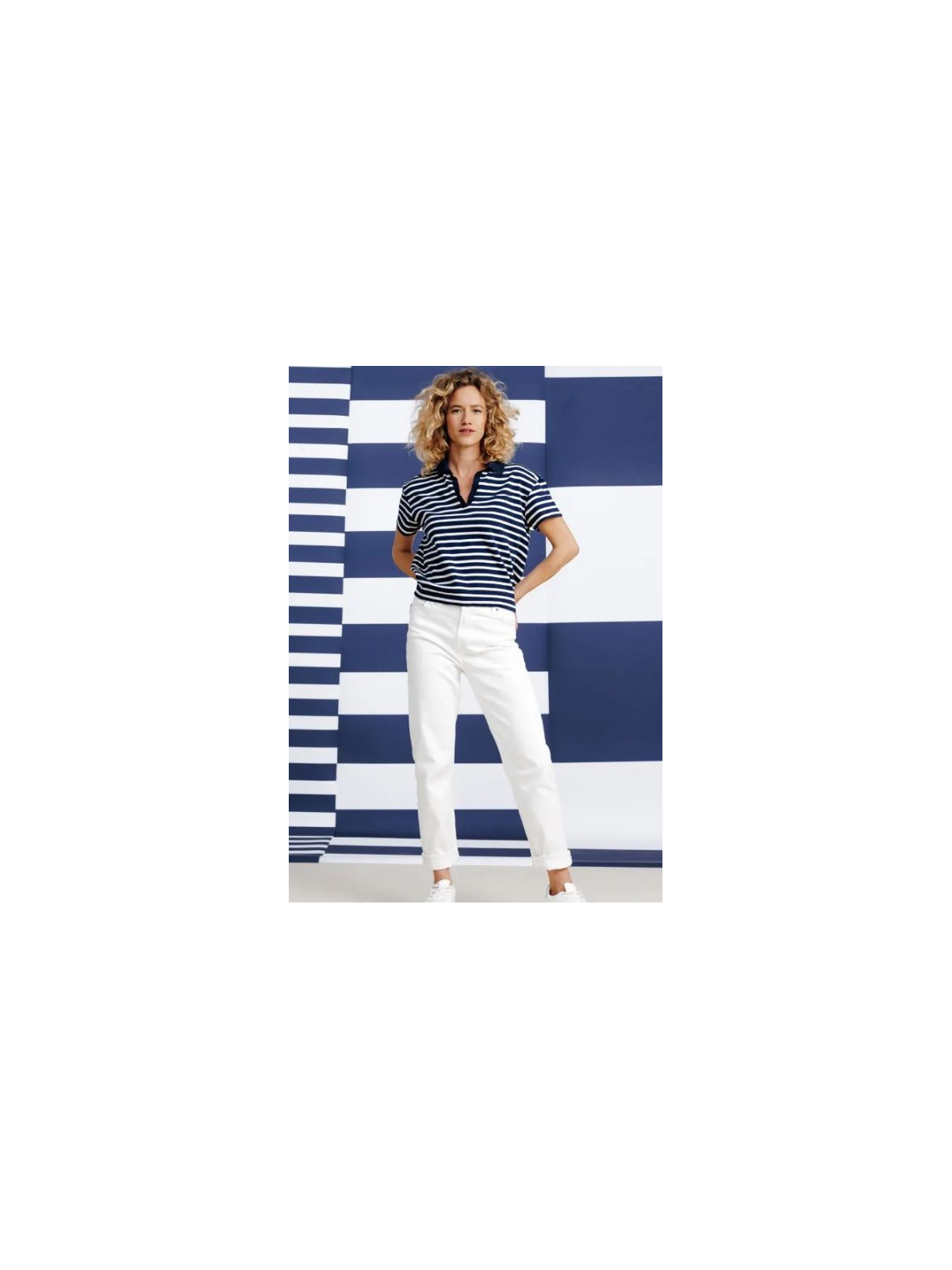 polo manches courtes femme rayé écru et marine