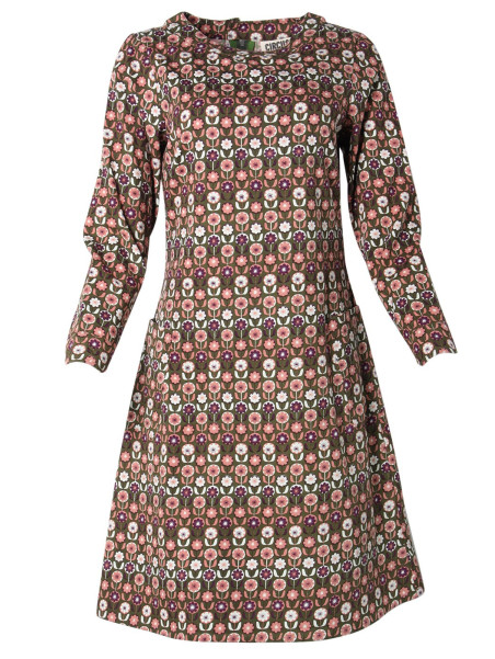 robe mi-longue motifs de fleurs roses sur fond vert foncé