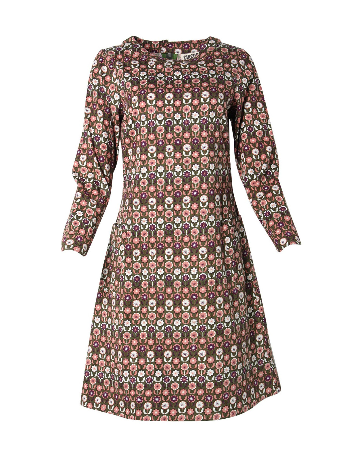 robe mi-longue motifs de fleurs roses sur fond vert foncé