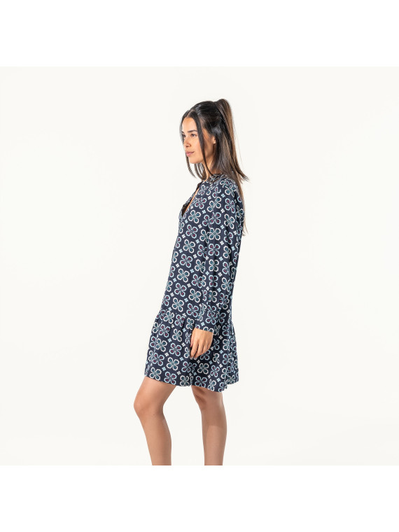robe femme courte motifs fleurs sur fond marine
