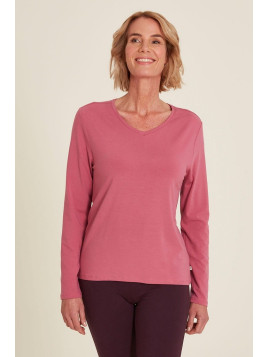 tee-shirt femme manches longues col V rose