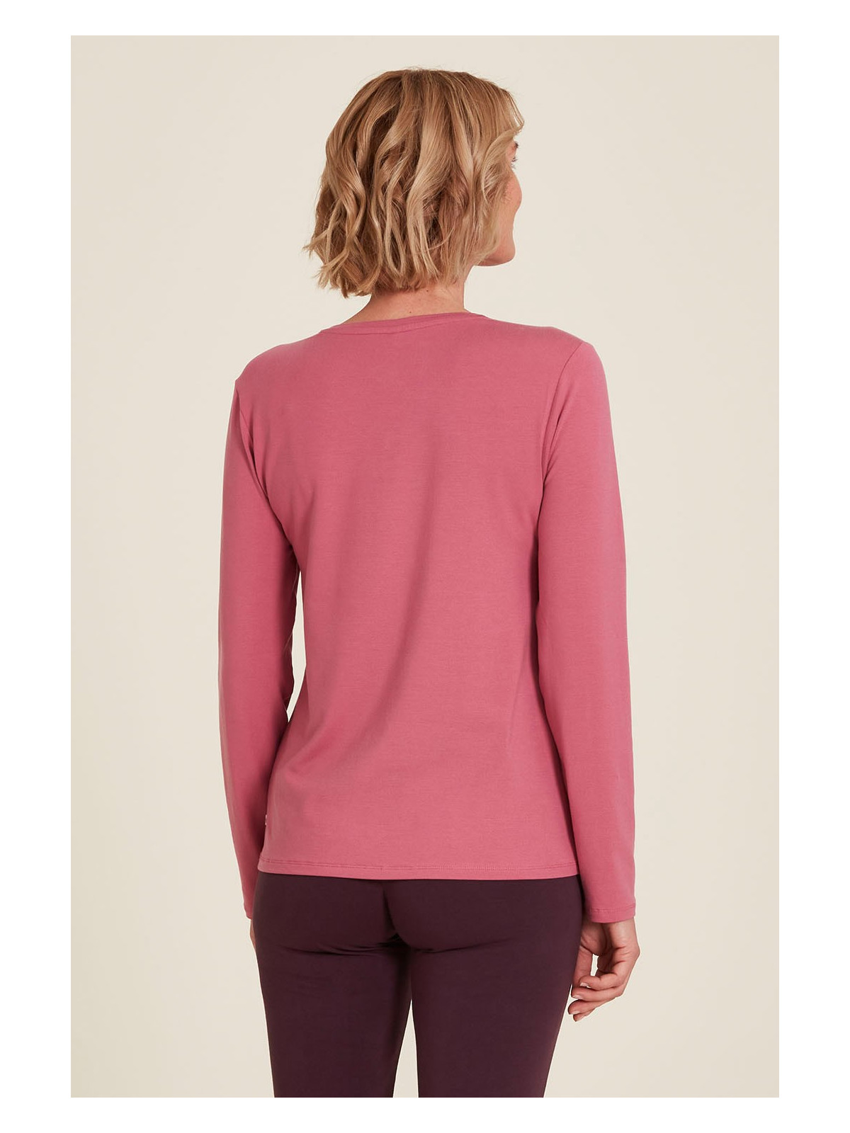 tee-shirt femme manches longues col V rose