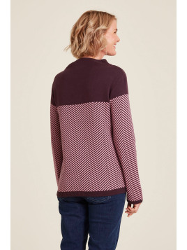 pull col montant avec lien violet uni en haut et rayé en bas
