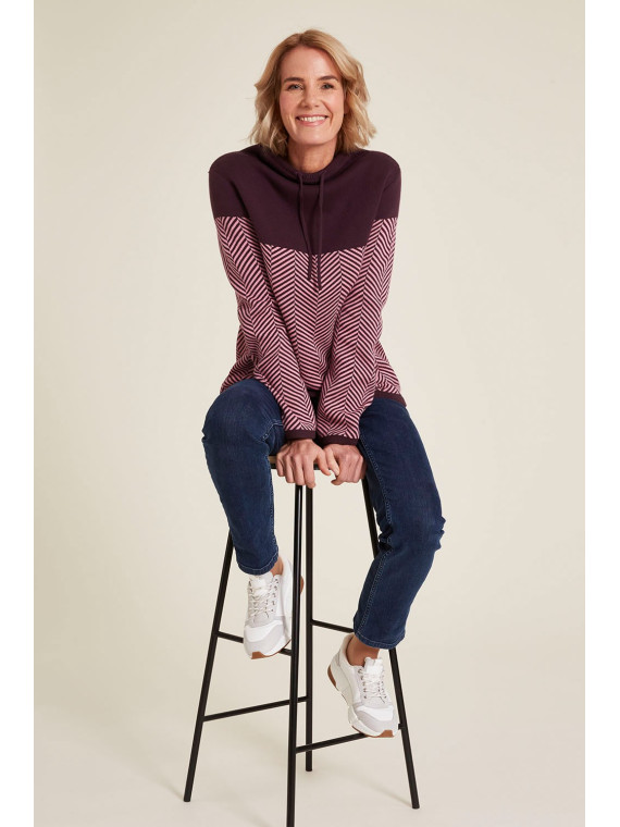 pull col montant avec lien violet uni en haut et rayé en bas