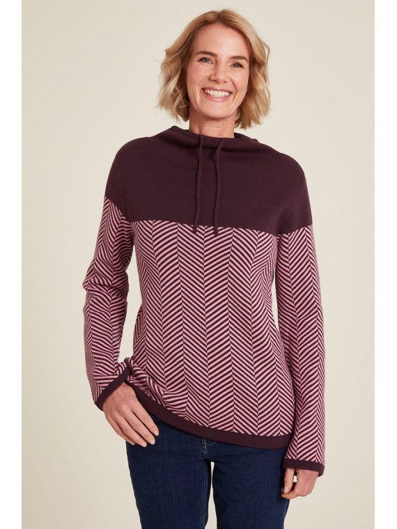 pull col montant avec lien violet uni en haut et rayé en bas