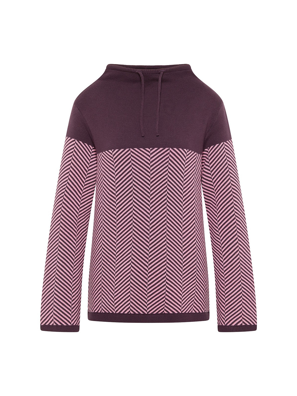 pull col montant avec lien violet uni en haut et rayé en bas