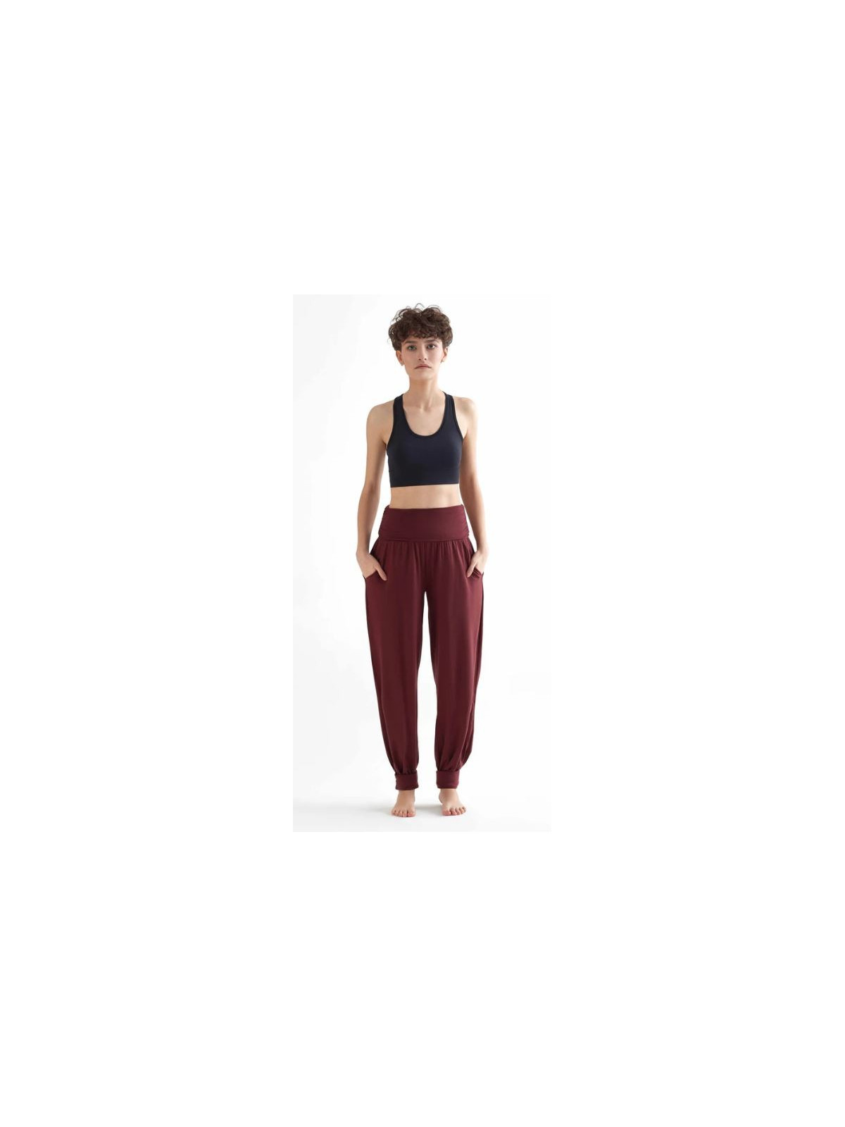 pantalon de yoga bordeaux ample resserré en bas ceinture rabattable